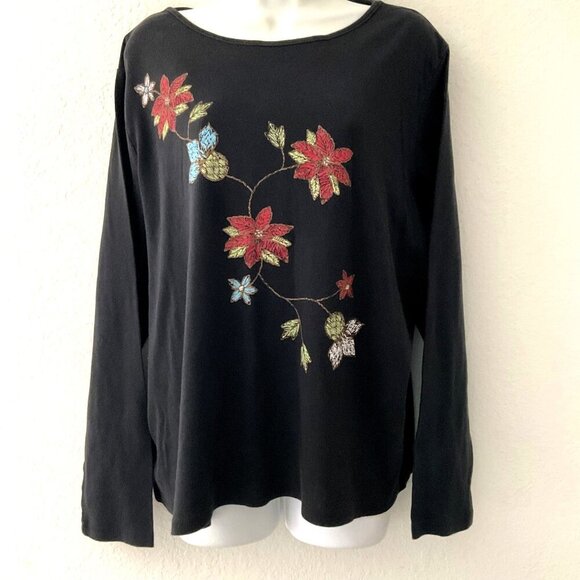 VINTAGE CJ BANKS POINSETTIA HOLIDAY CHRISTMAS T-SHIRT PLUS BLACK - Picture 2 of 8